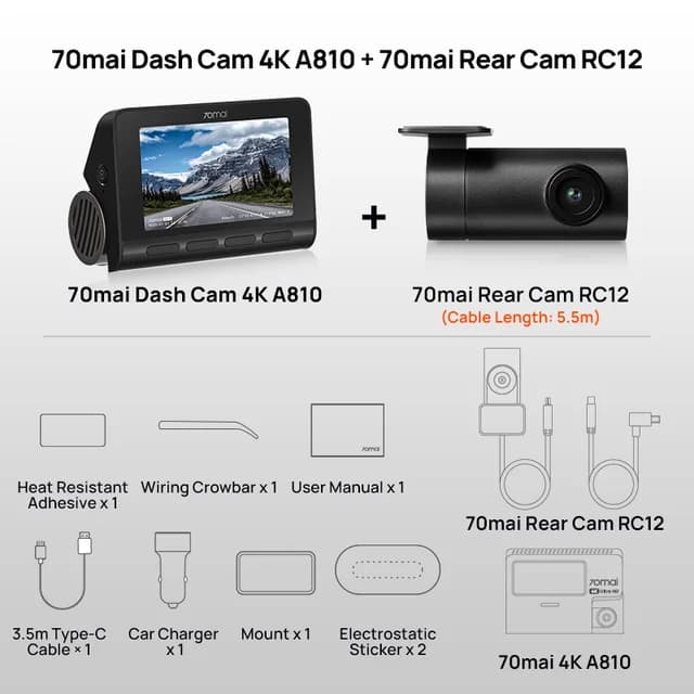 دوربین خودروی سوِنتی مِی مدل 70Mai Dash Cam Set A810s به همراه دوربین عقب